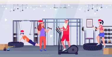 Noel Baba, Stepper koşu bandı insanları üzerinde egzersiz yapıyor sağlıklı yaşam stili konsepti eğitiyorlar yeni yıl tatilleri modern spor salonu iç kısmı tam boy