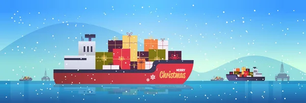 Container cargo ship with gift present boxes logistic transportation concept christmas new year winter holidays celebration flat horizontal — Stock Vector