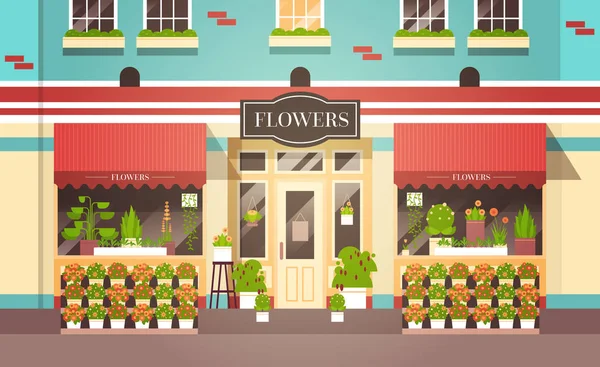 Blumengeschäft Fassade mit Blumen Straßenladen außen flache horizontale Vektor Illustration dekoriert — Stockvektor