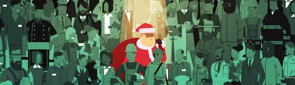 Santa claus con gran saco que se destaca de la gente feliz Navidad feliz año nuevo fiestas celebración concepto de individualidad plana bandera horizontal — Vector de stock