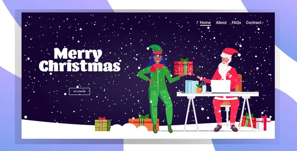 Santa claus using laptop african american female elf helper holding present gift box christmas new year holidays celebration concept snowfall background greeting card horizontal full length — Stock Vector