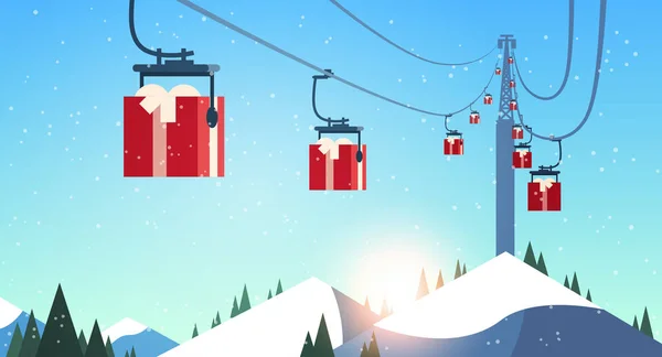 Skigebiet mit Geschenkboxen Bergbahn Weihnachten Neujahr Feiertage Feier Winter Urlaub Konzept horizontal Landschaft Hintergrund flach — Stockvektor