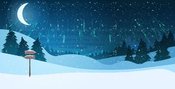 Srpek měsíc v jasné hvězdnaté obloze noc borovice les šťastný nový rok veselé Vánoce dovolená oslava koncept pozdrav karty horizontální — Stockový vektor