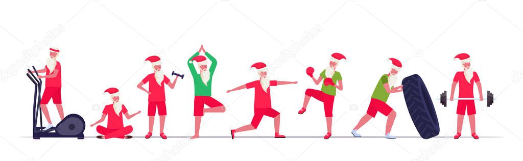 set santa claus doing different exercises training workout healthy lifestyle concept christmas new year holidays celebration horizontal full length