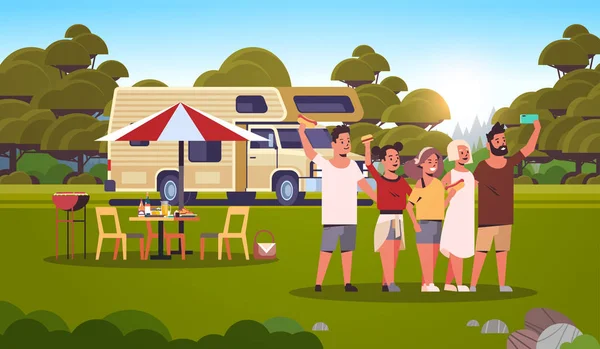 Friends taking selfie photo standing at trailer outdoors happy men women group having fun summer picnic barbecue party weekend concept landscape background flat full length horizontal — Stock vektor