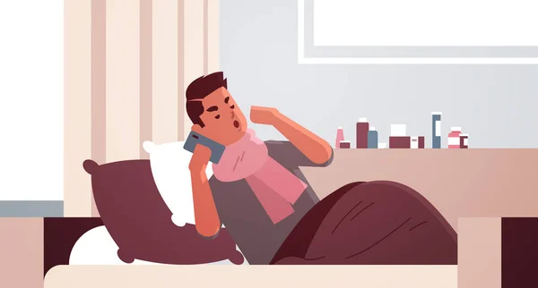 Hasta adam hapşırıyor. Eşarplı sağlıksız adam soğuk algınlığı virüsü hastalığından muzdarip tıbbi yardım için telefon arıyor. Modern oturma odası. — Stok Vektör