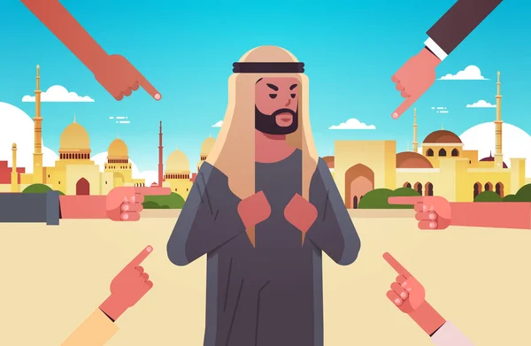 Depressed arab man being bullied surrounded by hands fingers mocking him peer violence bullying social anxiety concept muslim cityscape background flat portrait horizontal — Stock Vector