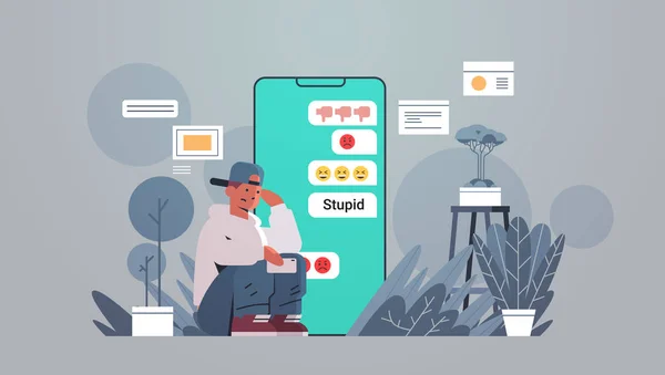 Teenager gemobbt Kerl mit mobilen Online-Chat-Anwendung soziale Medien Belästigung Trolling Cyber-Mobbing-Konzept beleidigende Nachrichten auf Smartphone-Bildschirm volle Länge flache horizontale — Stockvektor