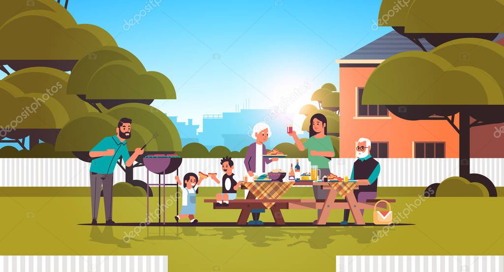 multi generation family preparing hot dogs on grill happy grandparents parents and children having fun backyard picnic barbecue party concept flat full length horizontal