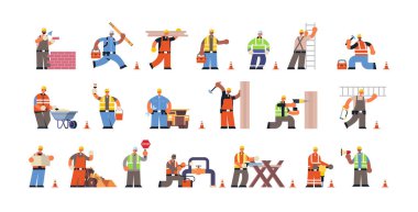 farklı bina faaliyetleri sırasında profesyonel ekipmanlı erkek inşaatçılar ayarlayın. Üniformalı, düz yatay boyda inşaat işçileri.