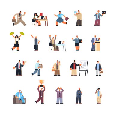 İş adamlarını farklı iş koşullarına sokun. İş adamları, kadınlar, kadın ofis çalışanları, erkek işçiler, düz boy tahsilat.