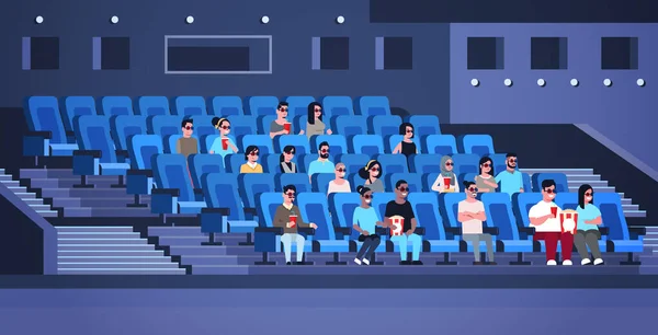 Groupe de personnes portant des lunettes 3D regarder un film assis au cinéma avec pop-corn et cola mélange race hommes femmes s'amuser à rire à la nouvelle comédie plat pleine longueur horizontale — Image vectorielle