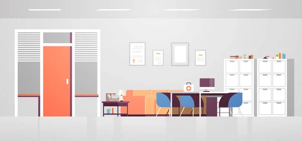 Cabinet médical moderne avec meubles vides aucune personne salle de bureau de l'hôpital intérieur plat horizontal — Image vectorielle