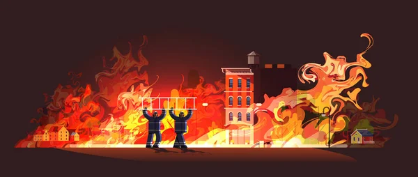Brave firemen couple carrying ladder firefighters team in uniform firefighting emergency service extinguishing fire concept burning house orange flame background full length horizontal — 图库矢量图片