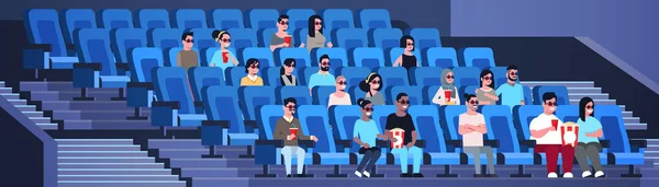 Groupe de personnes portant des lunettes 3D regarder un film assis au cinéma avec pop-corn et cola mélange race hommes femmes s'amuser à rire à la nouvelle comédie plat pleine longueur horizontale — Image vectorielle