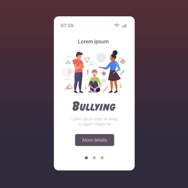 Melez yarış öğrencileri tarafından zorbalığa uğrayan depresif kız arkadaş şiddeti mağduru halk tarafından onaylanmayan dalga geçen kınama konsepti akıllı telefon ekranlı mobil uygulama tam boy fotokopi alanı