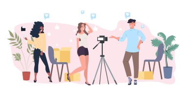 Blogcular paket kutuları açıyor yarış vlogger 'larını karıştırıyor boks videolarını açıyor canlı yayınlanan sosyal medya posta gönderme konsepti tam uzunlukta yatay blog gönderme konsepti