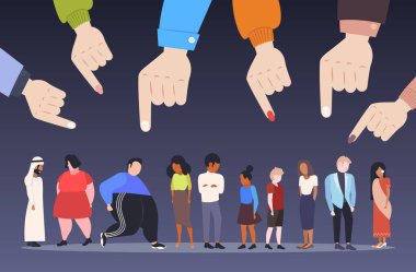 Melez ırk erkeklerini işaret eden parmaklarla çevrili depresif insanlara zorbalık ediliyor. Kadınlar zorbalık mağduru. Halkın hoşnutsuzluğuyla dalga geçen şiddet mağduru.