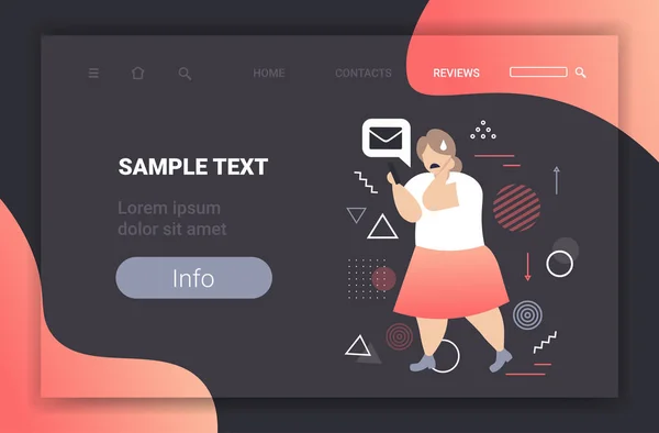 Tlustý dívka šikana žena pomocí smartphone on-line mobilní chat aplikace sociální média obtěžování trolling kybernetické šikany koncept plné délky horizontální kopírování prostor — Stockový vektor