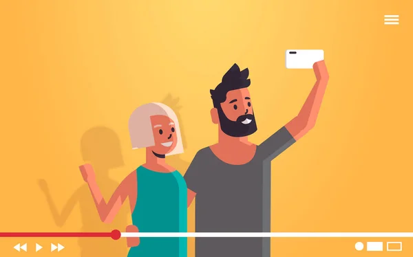 Pareja usando el teléfono celular hombre mujer tomando foto selfie en el teléfono inteligente cámara transmisión de vídeo en vivo difusión concepto de red social retrato horizontal — Archivo Imágenes Vectoriales