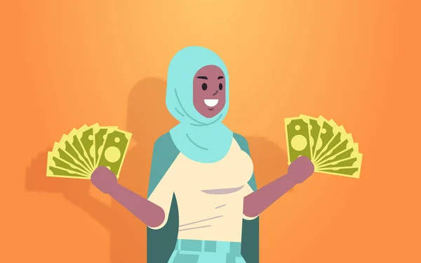 Excité arabique femme tenant billets d'argent succès financier concept riche femme d'affaires avec dollar billets portrait horizontal — Image vectorielle