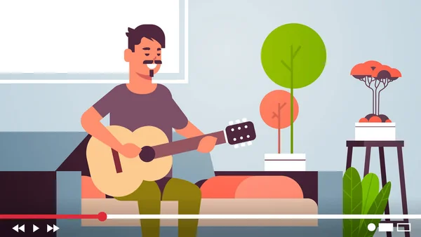 Musik-Blogger Aufnahme Online-Video-Stream für Vlog männlich Vlogger spielen Gitarre Blogging-Konzept modernes Wohnzimmer Interieur horizontal — Stockvektor