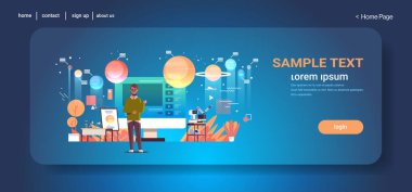 Öğretmen blogcusu çevrimiçi video güneş sistemi keşfi astronomi ders konsepti adamı eğitim eğitimine tam uzunlukta yatay kopya alanı veriyor