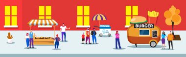İnsanlar şehir caddesinde hamburgerle ve buritoyla kalabalıklaşıyor açık hava fuar tezgahları erkekler kadınlar lezzetli fast food yiyor tam boy yatay vektör çizimi
