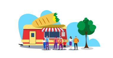 İnsanlar sırada bekliyor. Burrito karavanı. Lezzetli sokak yemekleri.