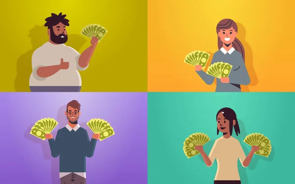 Set excité personnes tenant des billets d'argent succès financier concept de richesse hommes gais femmes avec des billets en dollars portrait horizontal — Image vectorielle