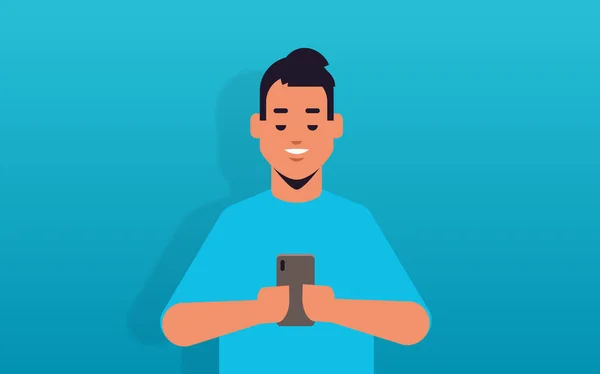 Homme tenant téléphone portable souriant gars en utilisant smartphone application mobile concept de communication des médias sociaux mâle dessin animé personnage portrait horizontal — Image vectorielle