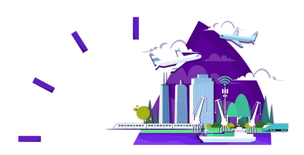 Personas que utilizan teléfonos inteligentes 5G sistema inalámbrico en línea conexión camión tren buques de carga avión y aviones no tripulados sobre fondo paisaje urbano horizontal de longitud completa — Archivo Imágenes Vectoriales