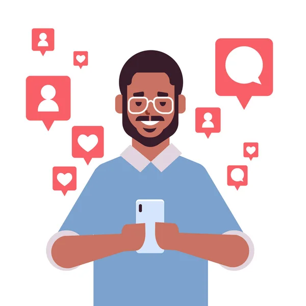 Afrikkalainen amerikkalainen mies, joka käyttää mobiilisovellusta älypuhelimen ilmoituksissa tykkää seuraajista kommentit sosiaalisen median verkosto digitaalinen riippuvuus käsite muotokuva — vektorikuva