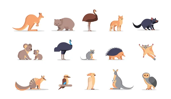 Set dibujos animados animales salvajes australianos en peligro de extinción colección fauna fauna concepto horizontal plana — Vector de stock
