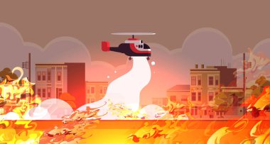 Helikopter tehlikeli yangın söndürme yangın yangın doğal felaket kavramı yoğun turuncu alevler şehir manzarası yatay arka plan