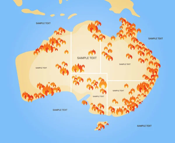 澳大利亚地图，带有山火、季节性野火、干柴燃烧、全球变暖、自然灾害概念平坦的符号 — 图库矢量图片