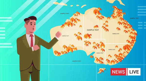 Nieuws verslaggever journalist live brodcasting kaart van Australië met symbolen van bosbranden seizoensgebonden bosbranden droge bossen branden opwarming van de aarde natuurramp concept portret plat — Stockvector