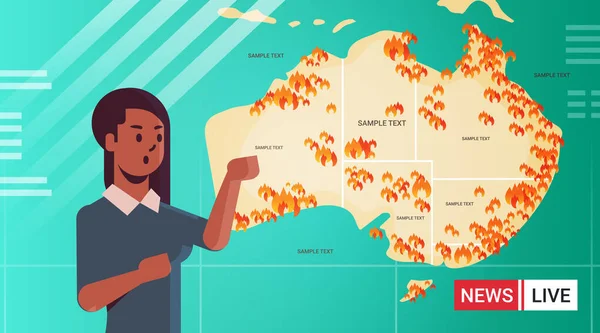 Breaking news african american reporter live brodcasting showing map of Australia with symbols of bushfires seasonal wildfires dry woods burning global warming natural disaster concept portrait — 스톡 벡터