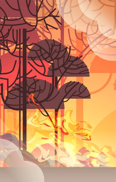 危険な野火ブッシュ火災開発乾燥した森木を燃焼地球温暖化自然災害の概念強烈なオレンジ炎垂直 — ストックベクタ