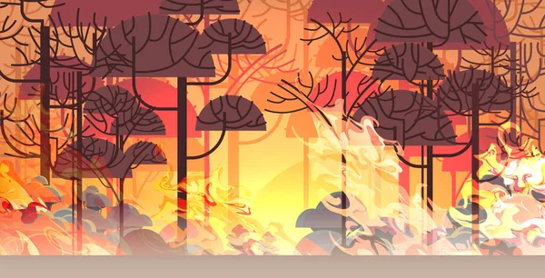 危険な野火ブッシュ火災開発乾燥した森木を燃やす地球温暖化自然災害の概念強烈なオレンジ炎水平 — ストックベクタ