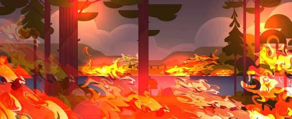 危険な野火ブッシュ火災開発乾燥した森木を燃焼地球温暖化自然災害の概念強烈なオレンジ炎の風景背景水平 — ストックベクタ