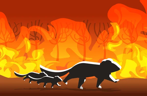 Silhuetas de demônios da tasmânia que fogem de incêndios florestais na Austrália animais que morrem em incêndios florestais árvores ardentes conceito de desastre natural chamas laranja intensas horizontal — Vetor de Stock