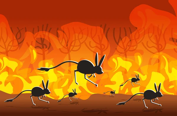Jerboas silhuetas que correm de incêndios florestais na Austrália animais que morrem em incêndios florestais árvores ardentes conceito de desastre natural chamas alaranjadas intensas horizontal — Vetor de Stock