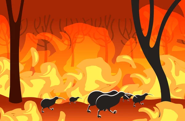 Silhuetas kiwi que correm de incêndios florestais na Austrália animais que morrem em incêndios florestais árvores ardentes conceito de desastre natural chamas laranja intensas horizontal — Vetor de Stock