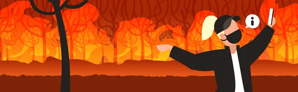 Vrouwelijke vrijwilliger of brandweerman het nemen van selfie op smartphone camera gevaarlijk wildvuur bosbrand global warming natuurramp concept intens oranje vlammen horizontaal portret — Stockvector