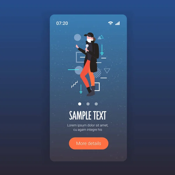 Repórter de notícias de última hora em máscara protetora falando com microfone bushfire global warming natural disaster ecology problem concept smartphone screen mobile app full length —  Vetores de Stock