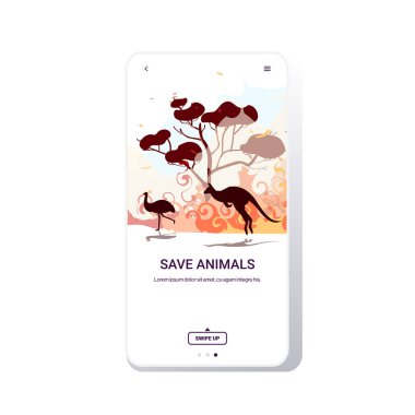 Avustralya devekuşu kangurusu Avustralya 'da orman yangınlarından kaçıyor orman yangını çalı ağaçları yakıyor doğal afet kavramı yoğun turuncu alevler akıllı telefon mobil telefon uygulaması