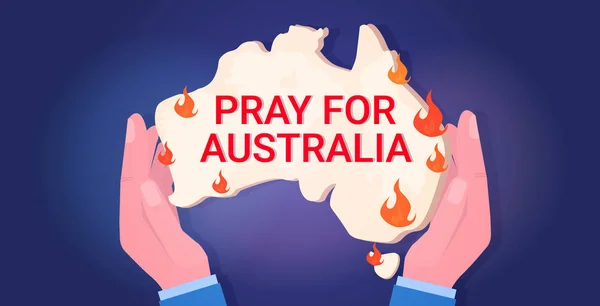 Hands holding Australia map forest fires wildfire bushfire natural disaster pray for Australia concept horizontal — 스톡 벡터