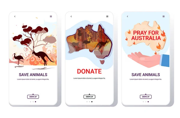 Waldbrände Waldbrand Buschfeuer Naturkatastrophe beten für Australien retten Tiere Konzept Smartphone Bildschirme Sammlung mobile App horizontale Kopierfläche — Stockvektor