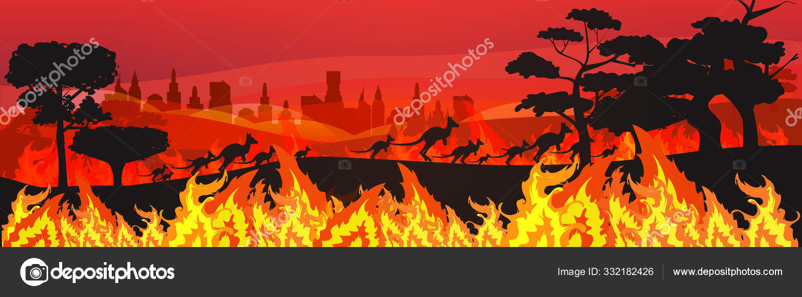 Silhouettes of kangaroos running from forest fires in australia animals dying in wildfire bushfire burning trees natural disaster concept intense orange flames horizontal Stock Vector Image by ©mast3r #332182426 Silhouettes of kangaroos running from forest fires in australia animals dying in wildfire bushfire burning trees natural disaster concept intense orange flames horizontal Stock Vector Image by ©mast3r #332182426